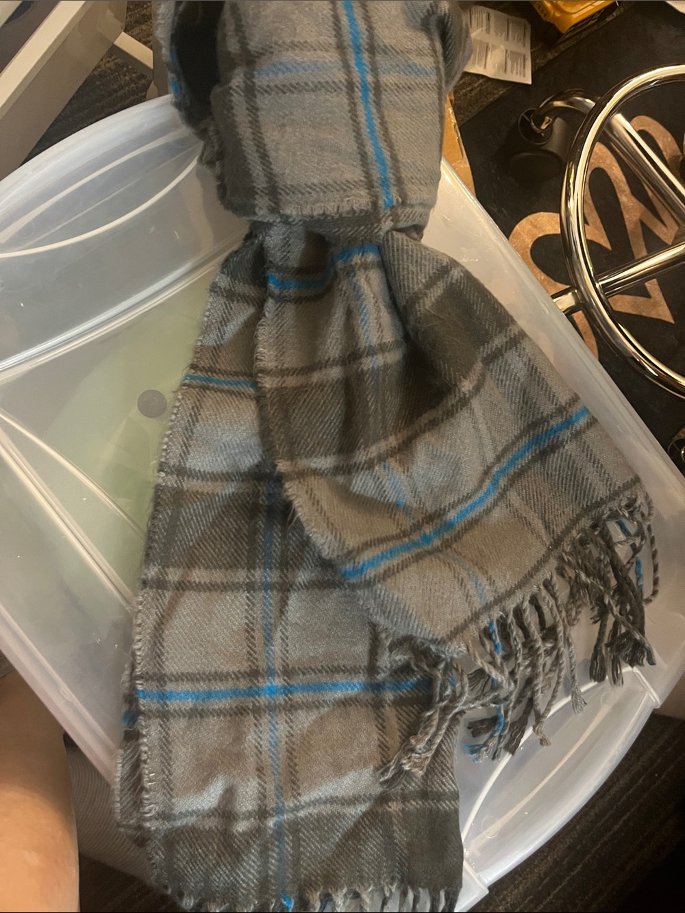 Gray Plaid Men's Scarf with Blue Accent S74
